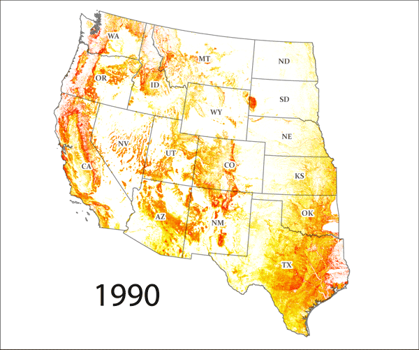 Animated map showing increase in tree cover from 1990-2020.